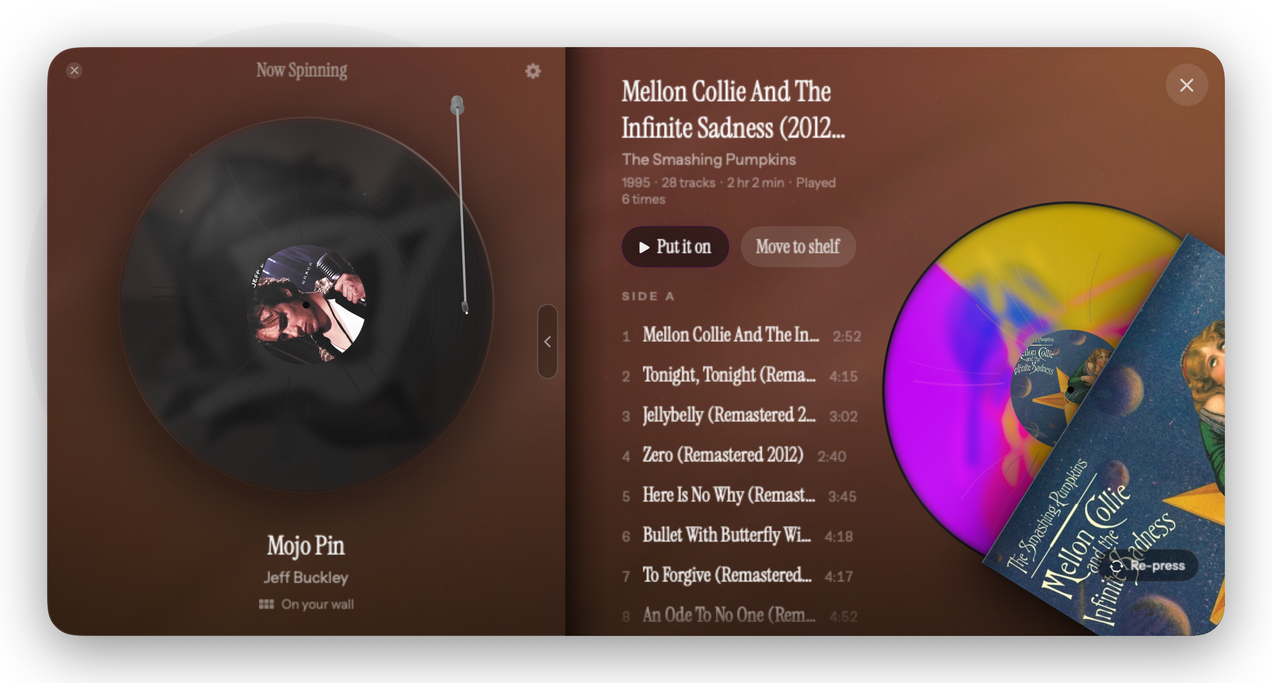 The Mac panel showing a record's tracklist beside the sleeve