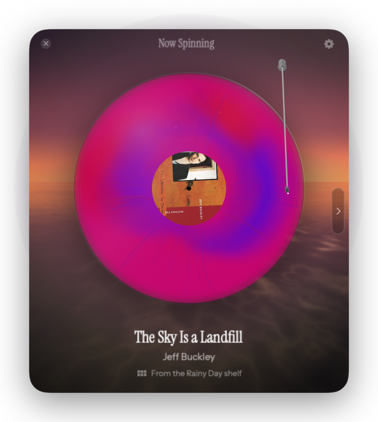 Sundown: the last of the sun over open water, behind the record